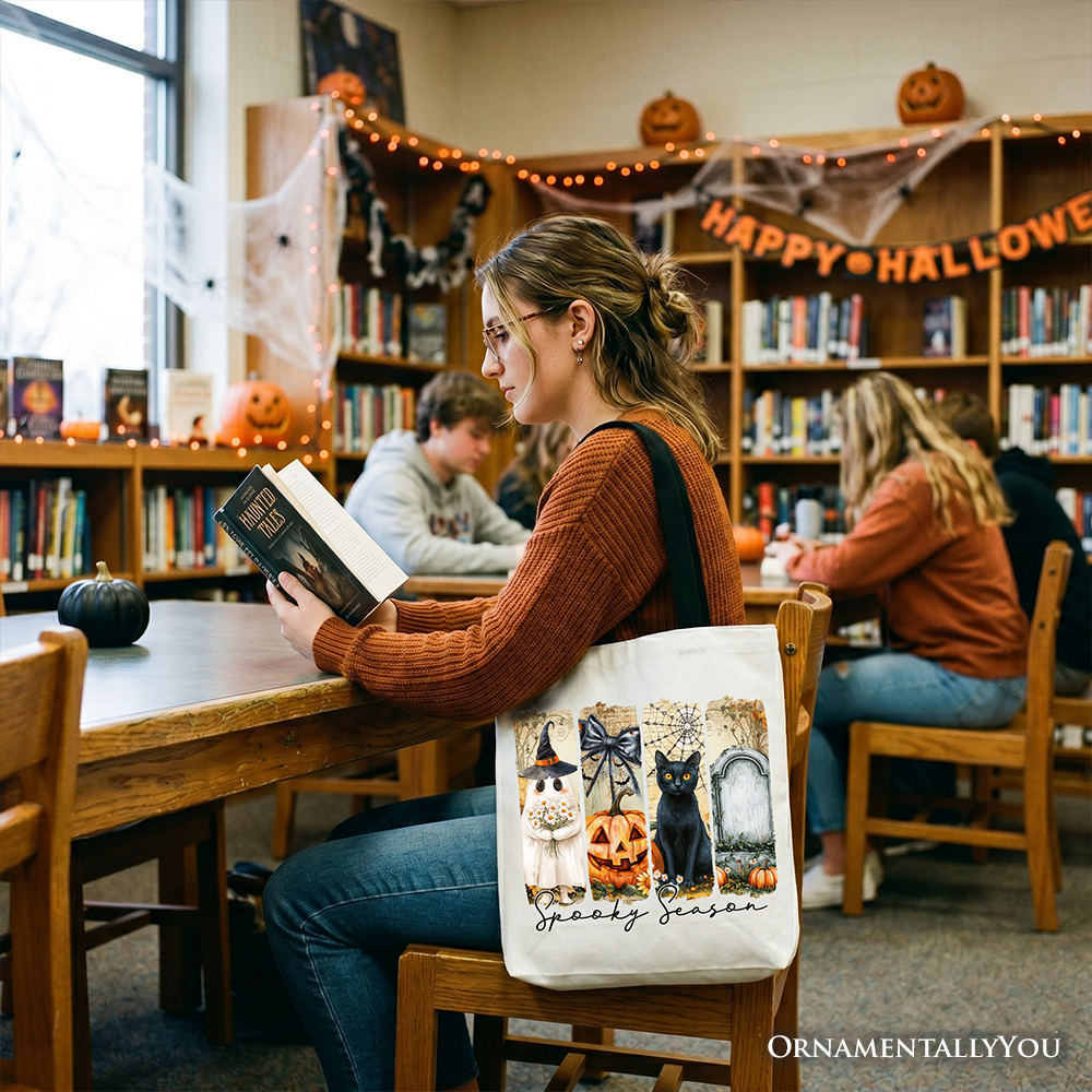Fall Spooky Season Brushstroke Tote Bag, Coquette Vintage Ghost Cat and Pumpkin Gift Shopper