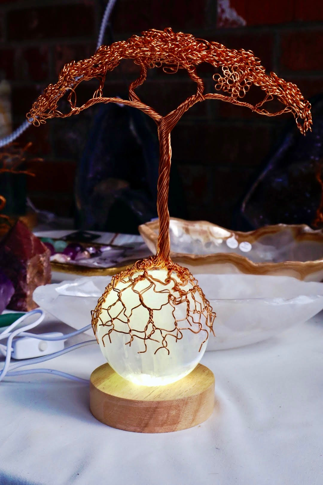 Copper Wire Tree of Life On Selenite Sphere
