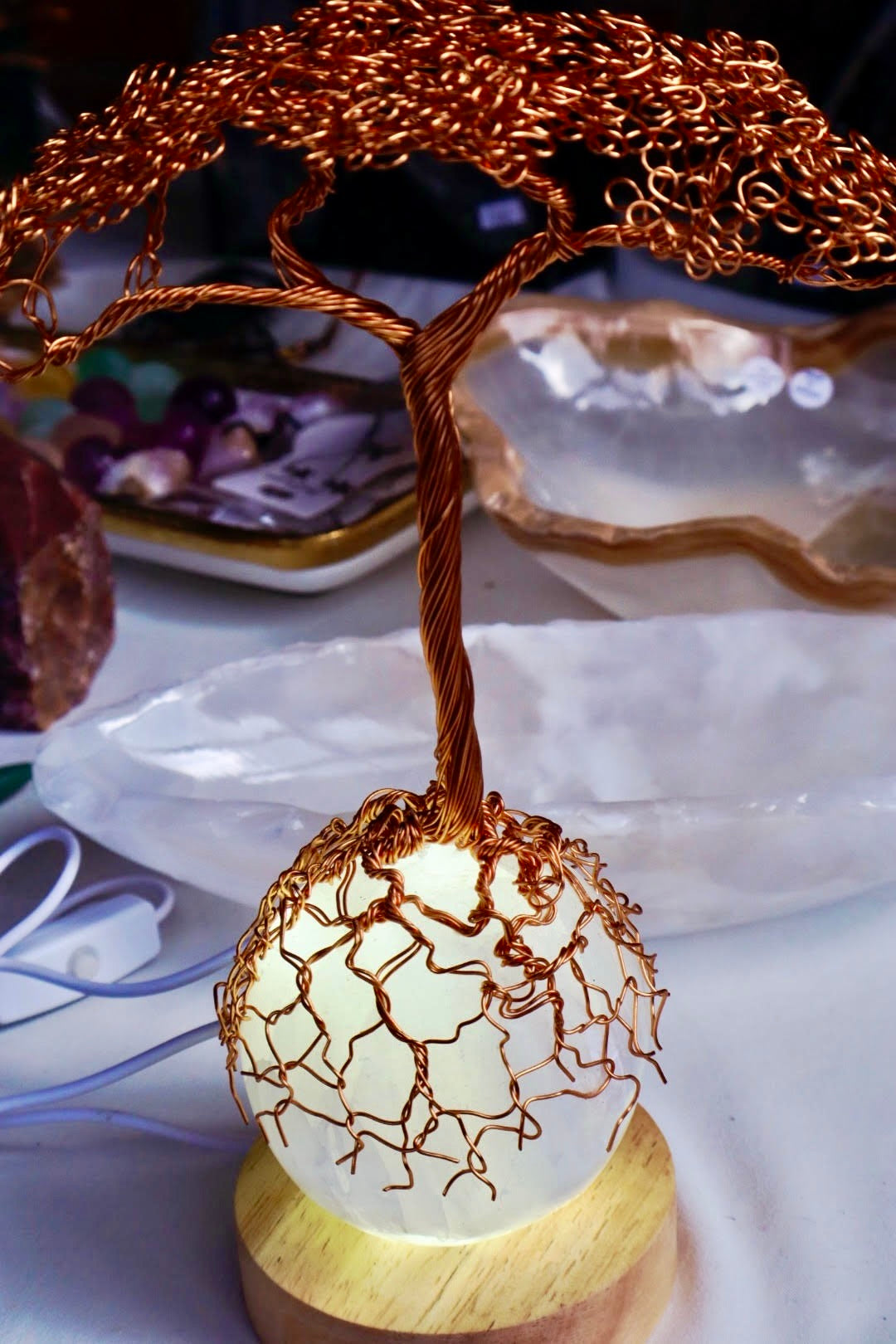Copper Wire Tree of Life On Selenite Sphere