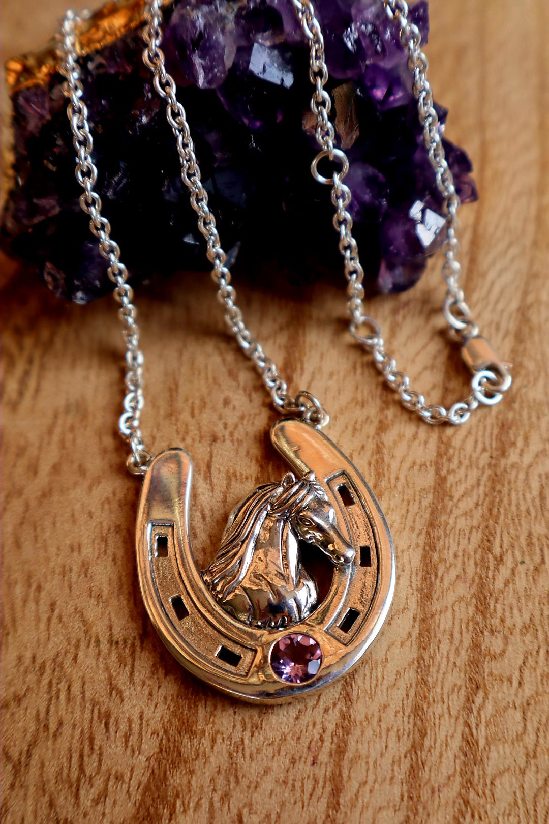 Sterling Silver Large Horseshoe Necklace with Friesian Horse Head Amethyst 18"