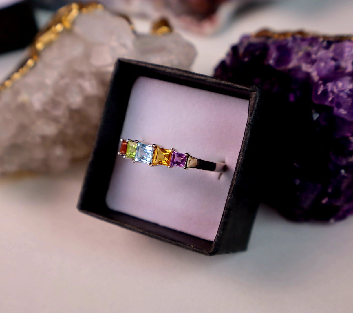 Genuine stones, Sterling Silver Step Ring Size 10