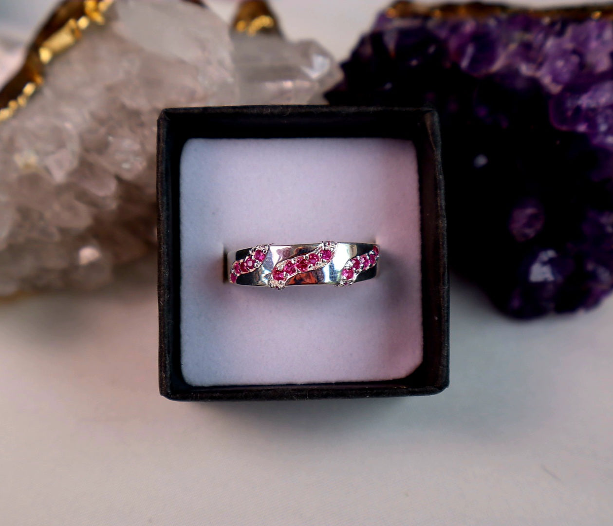 Size 8 Genuine Pink Sapphire WaveBand Sterling Silver Ring