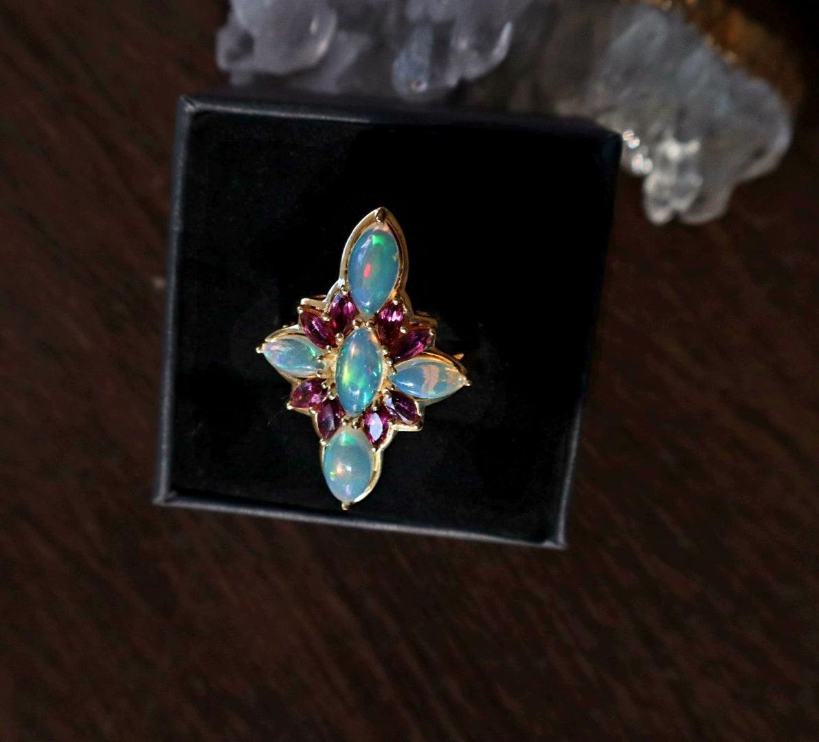 18K Gold Vermiel Over Silver Opal Roselight Cascade Ring size 10