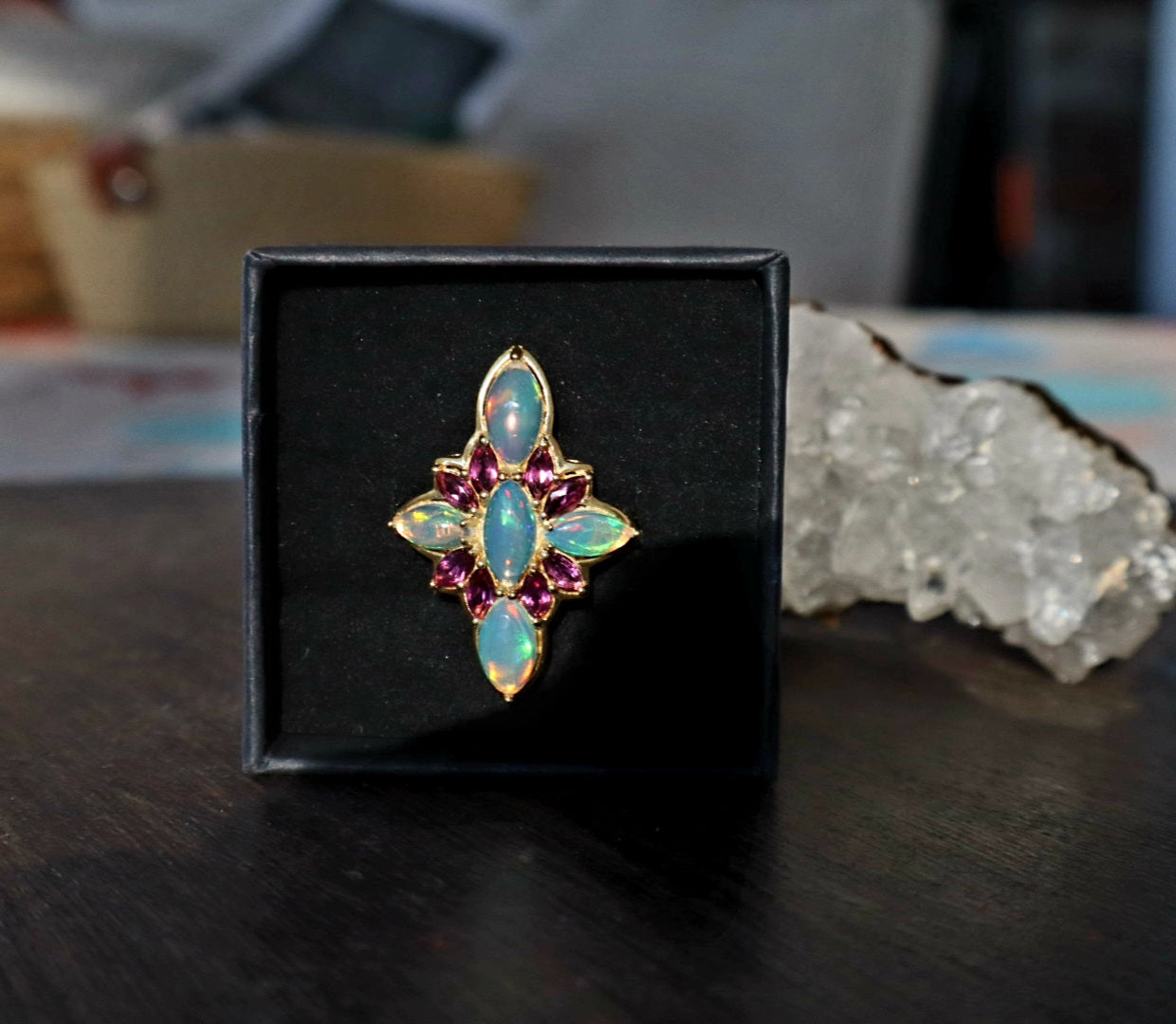 18K Gold Vermiel Over Silver Opal Roselight Cascade Ring size 10