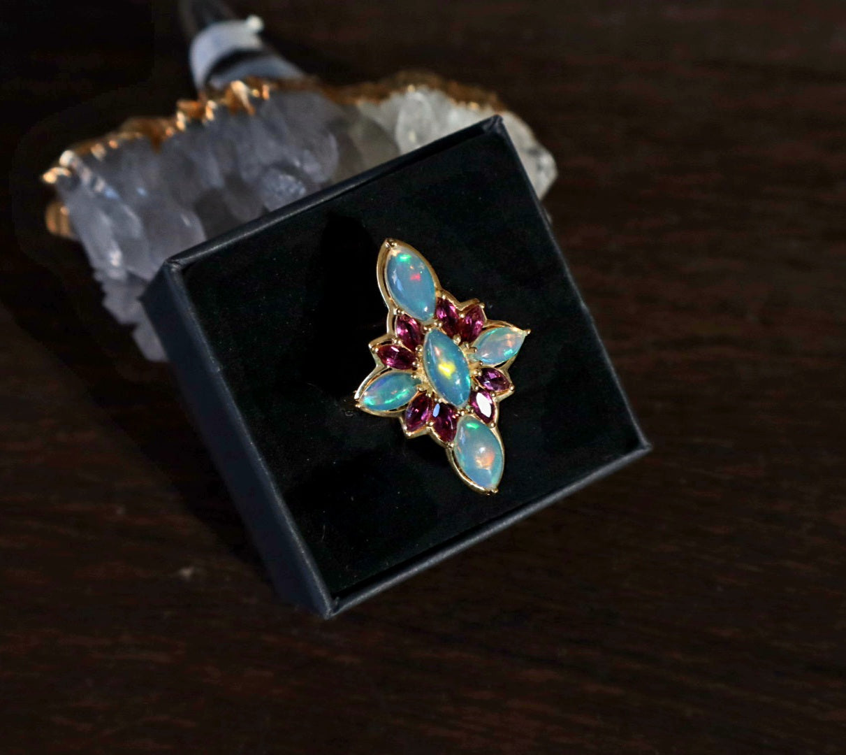 18K Gold Vermiel Over Silver Opal Roselight Cascade Ring size 10