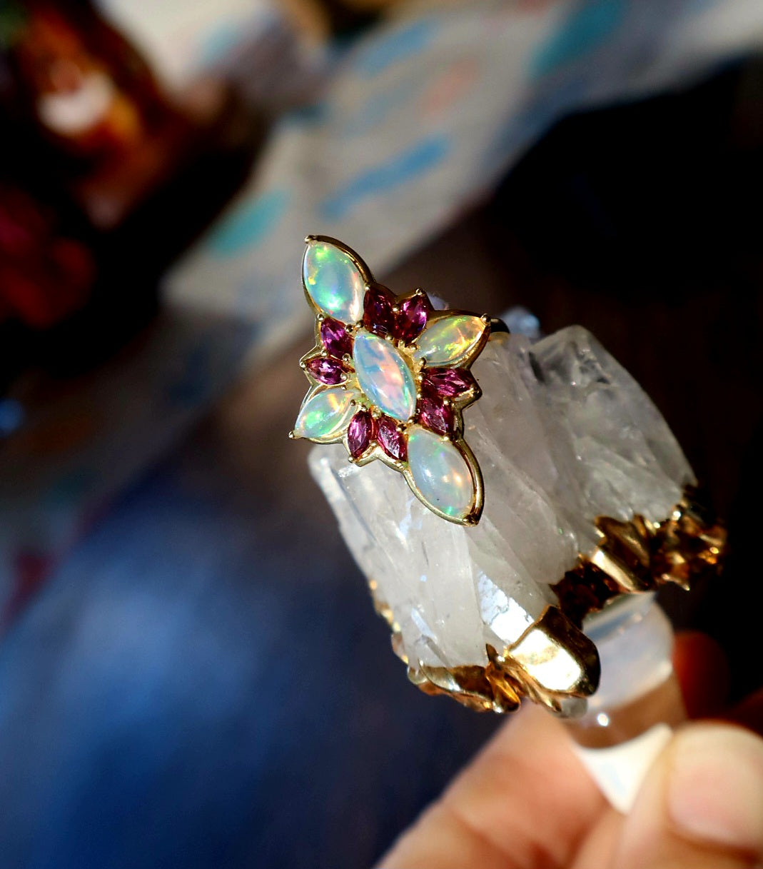 18K Gold Vermiel Over Silver Opal Roselight Cascade Ring size 10