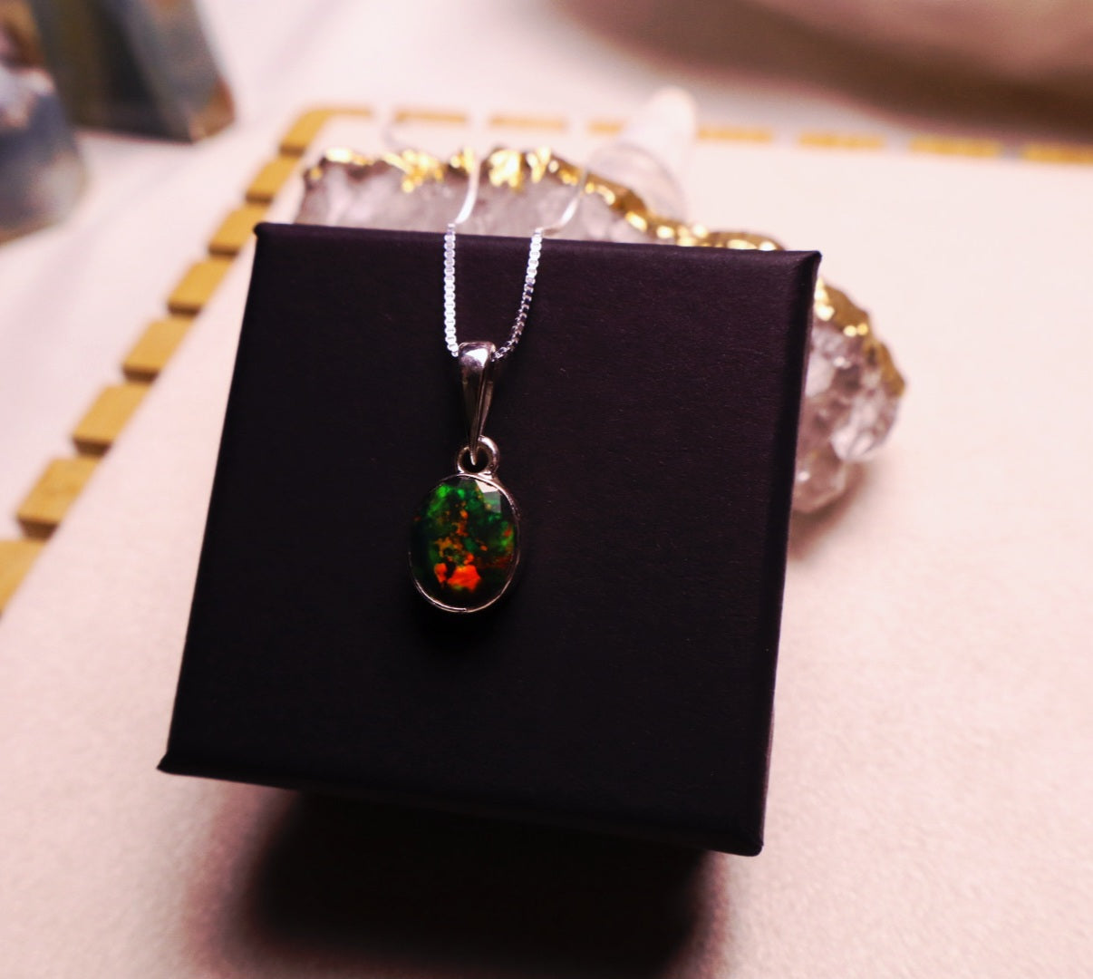 Oval Black opal Pendant with Adjustable chain 925 sterling.