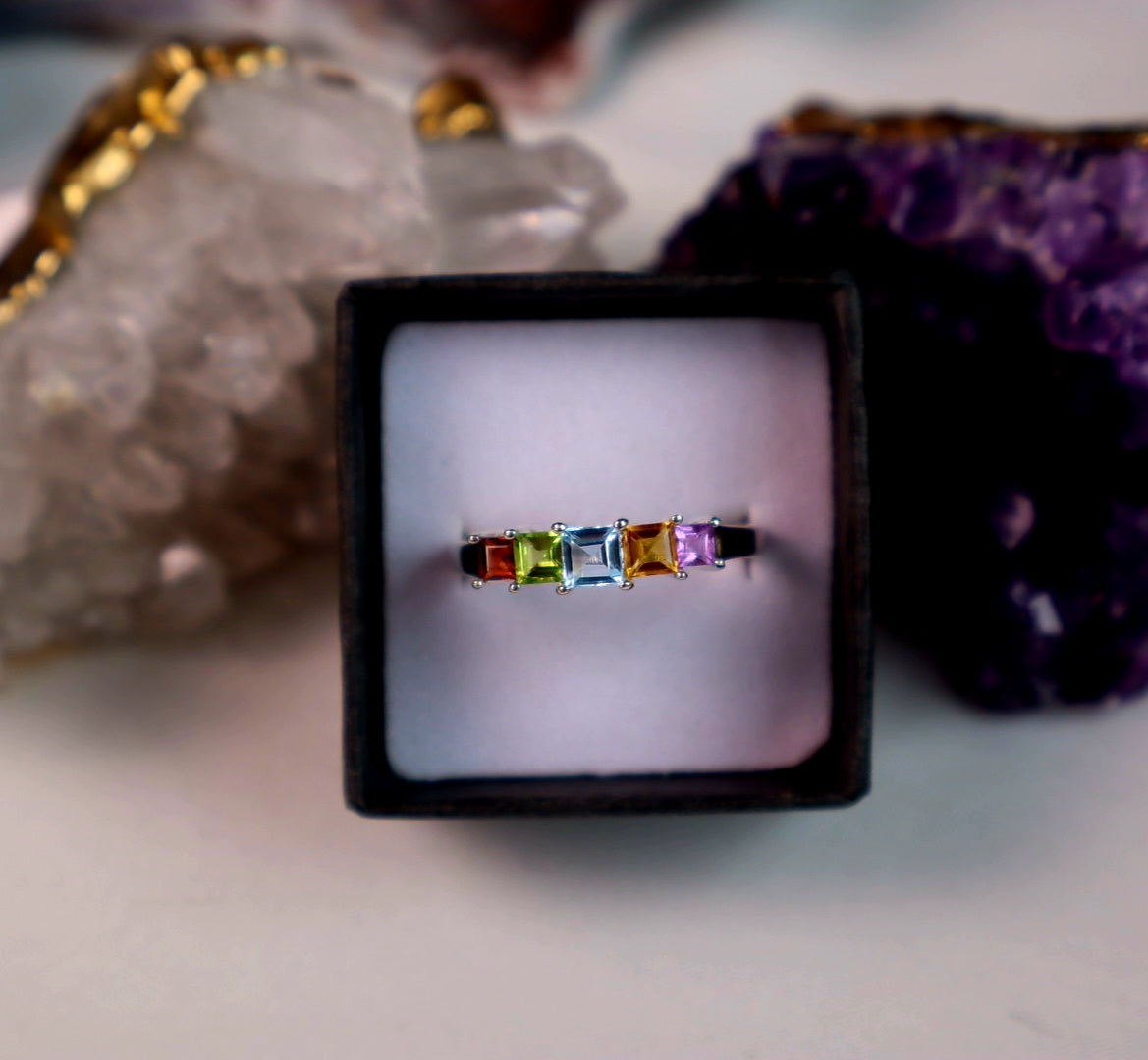 Genuine stones, Sterling Silver Step Ring Size 10