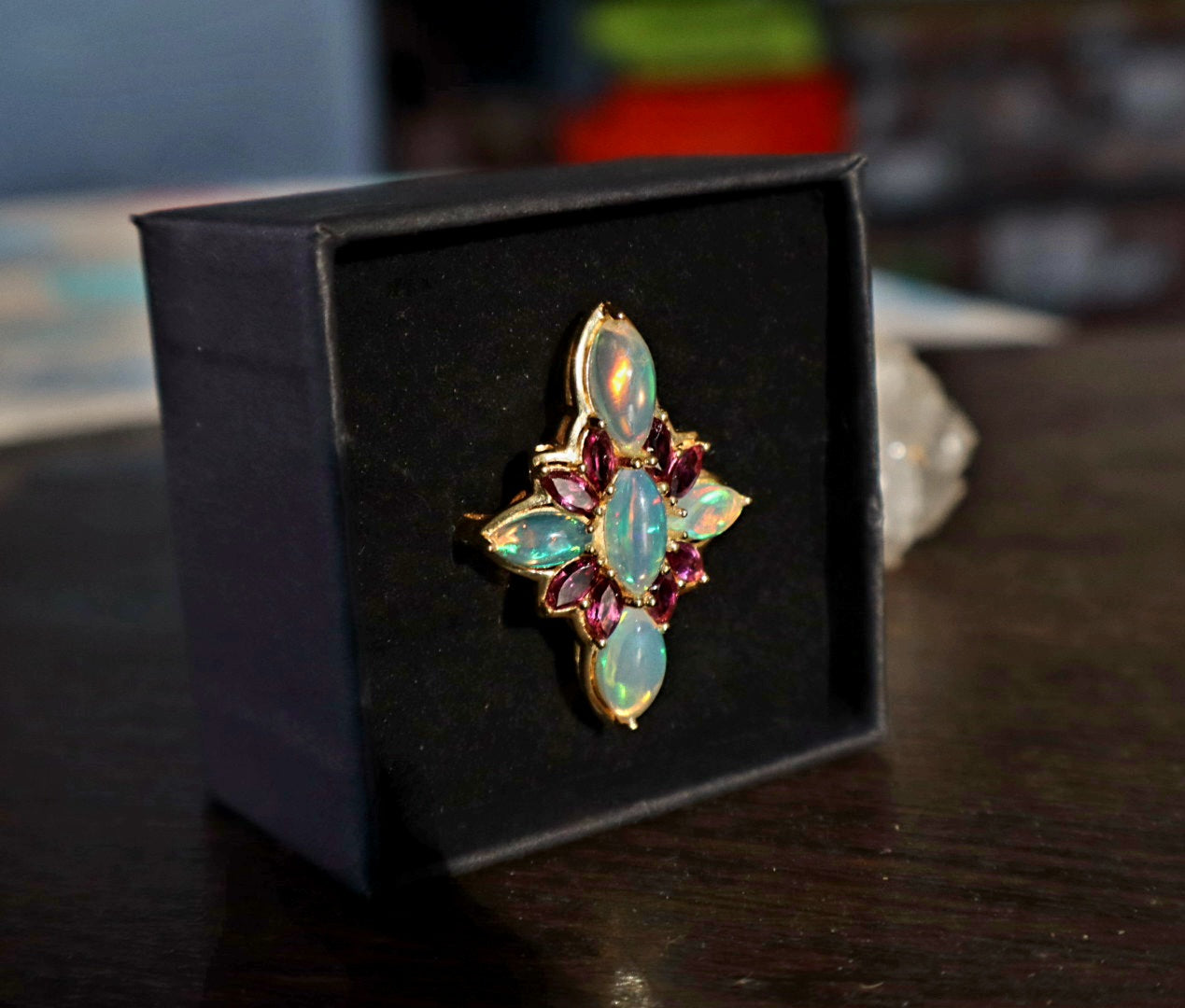18K Gold Vermiel Over Silver Opal Roselight Cascade Ring size 10