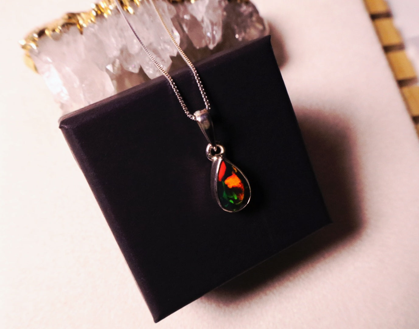 Raindrop Black Opal pendant with Adjustable chain 925 sterling.