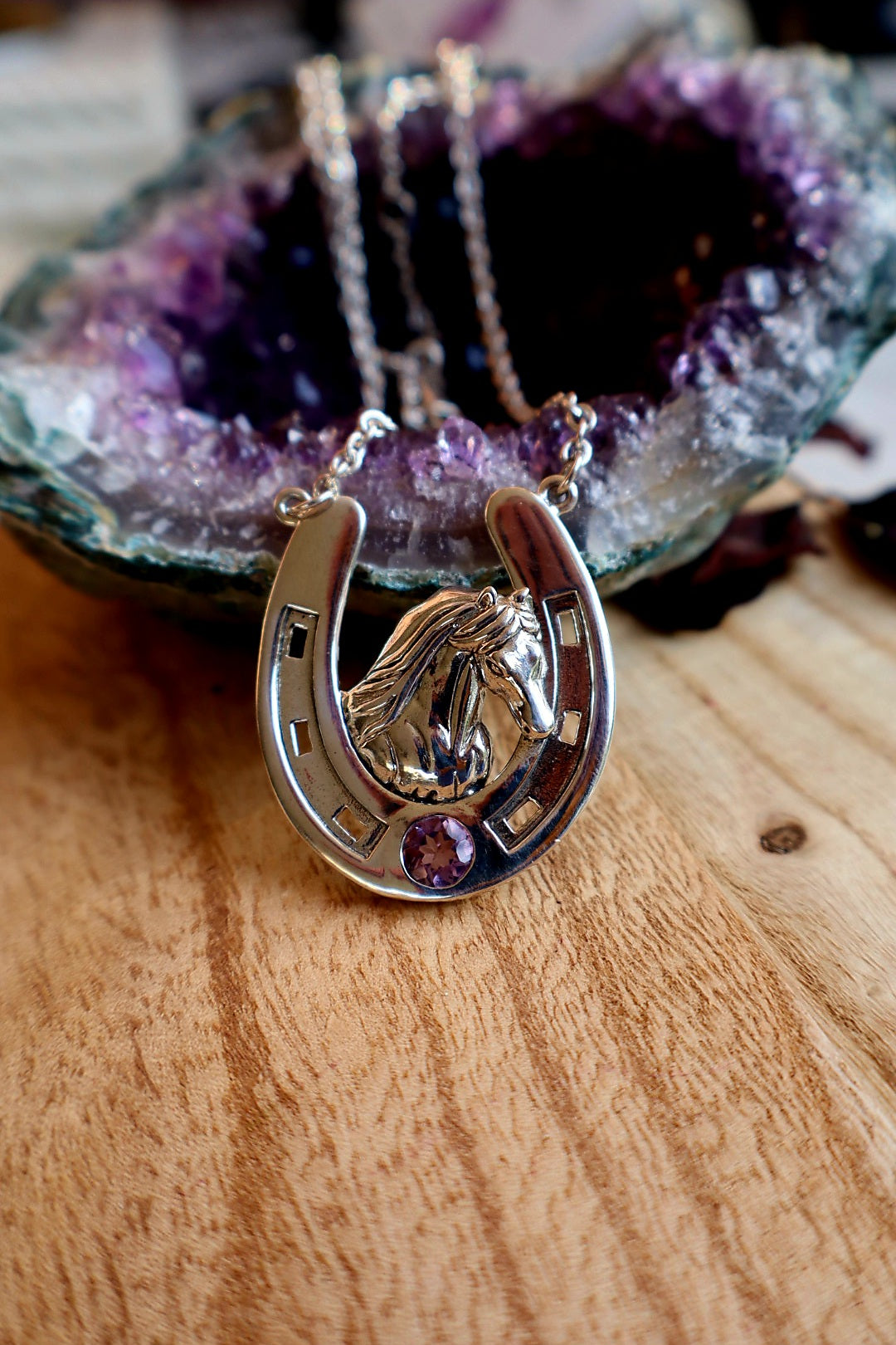 Sterling Silver Large Horseshoe Necklace with Friesian Horse Head Amethyst 18"