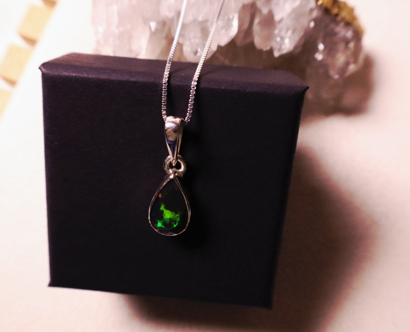 Raindrop Black Opal pendant with Adjustable chain 925 sterling.