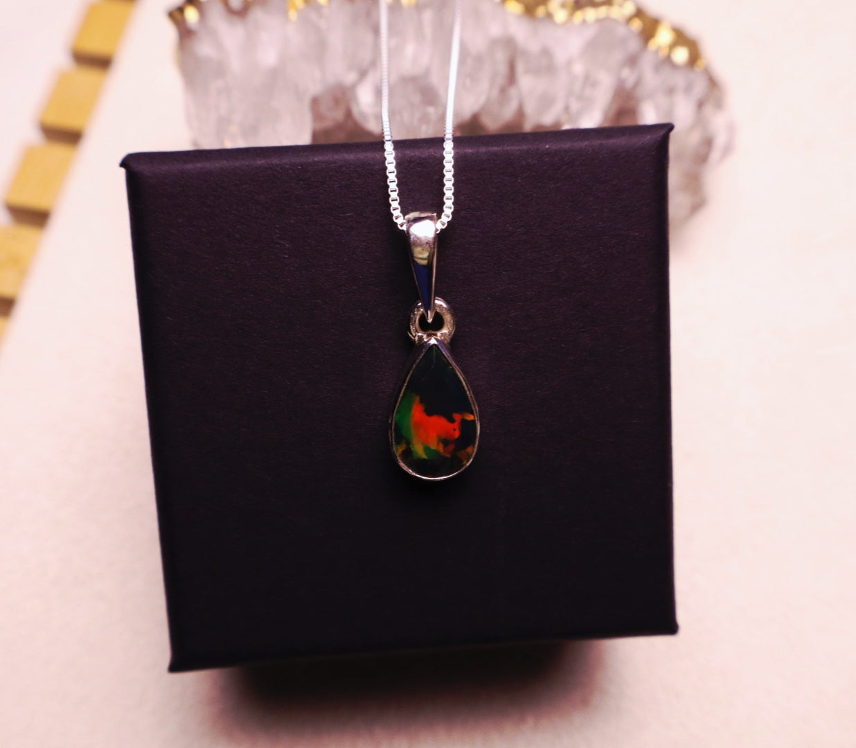 Raindrop Black Opal pendant with Adjustable chain 925 sterling.
