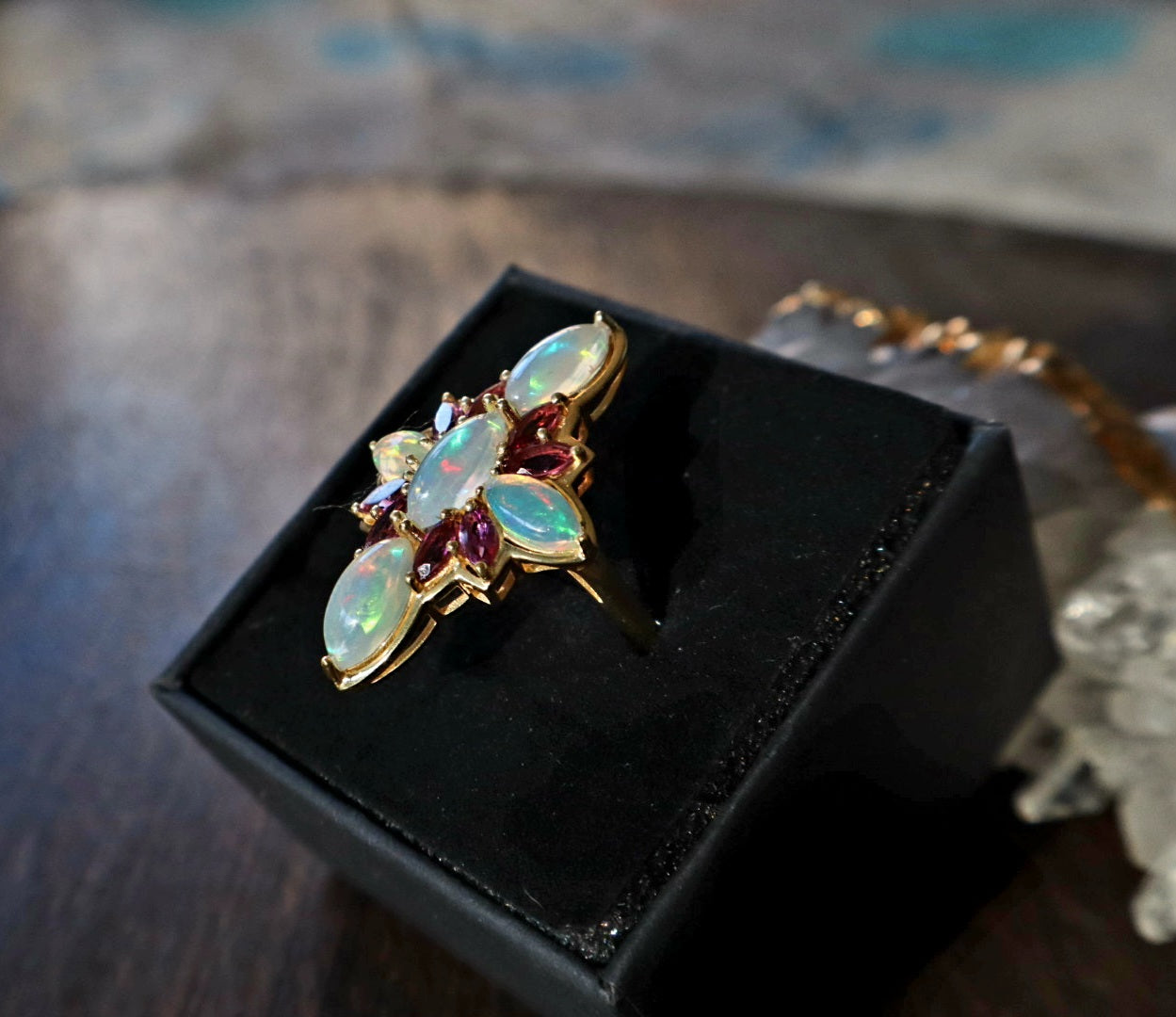 18K Gold Vermiel Over Silver Opal Roselight Cascade Ring size 10