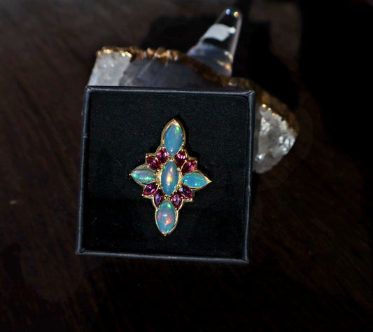 18K Gold Vermiel Over Silver Opal Roselight Cascade Ring size 10