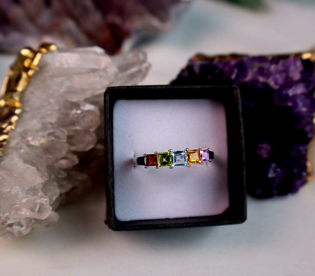 Genuine stones, Sterling Silver Step Ring Size 10