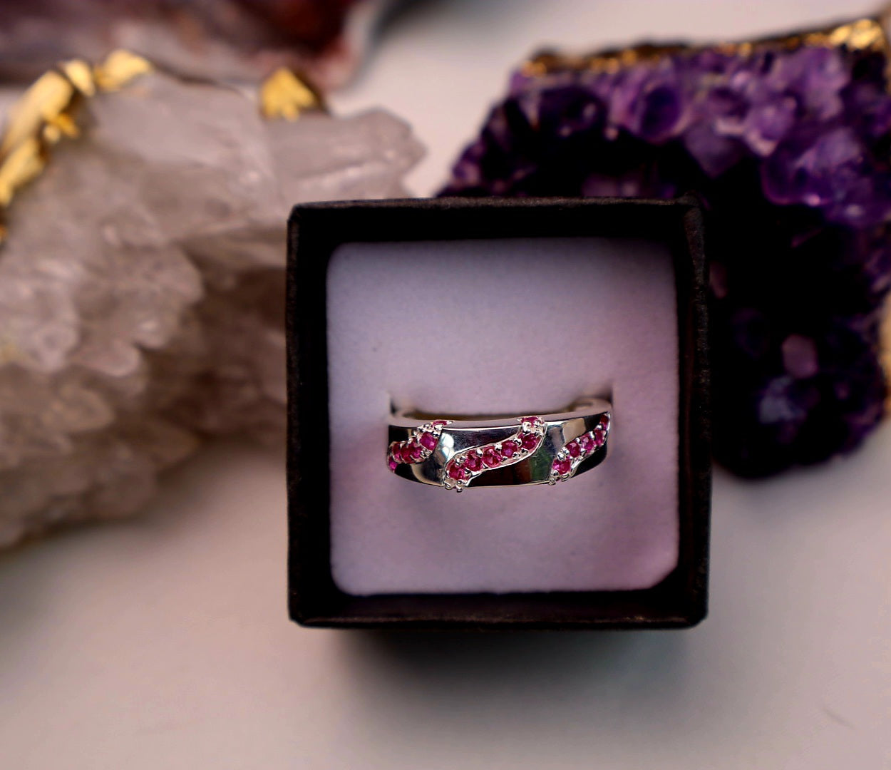 Size 8 Genuine Pink Sapphire WaveBand Sterling Silver Ring