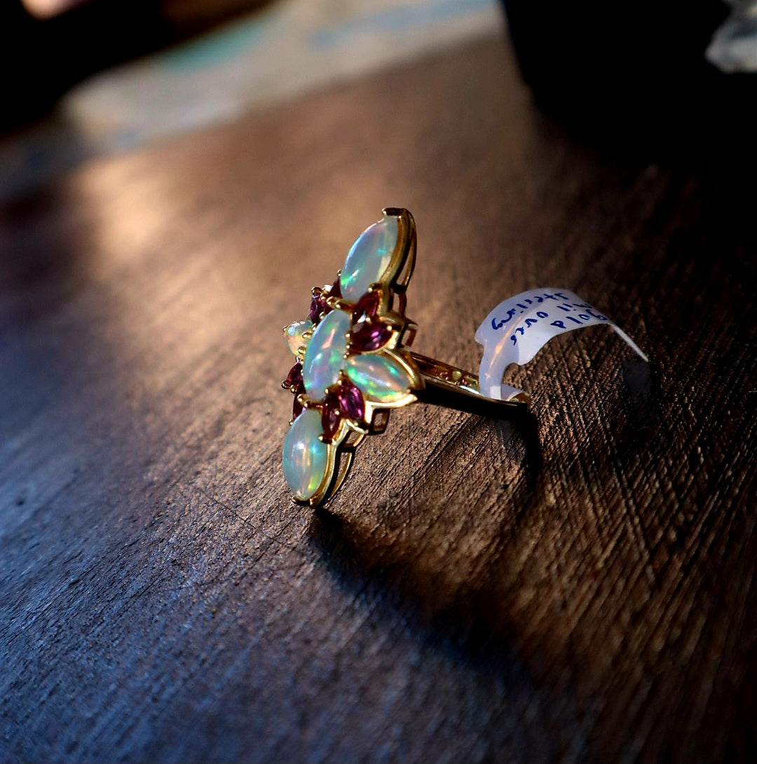 18K Gold Vermiel Over Silver Opal Roselight Cascade Ring size 10