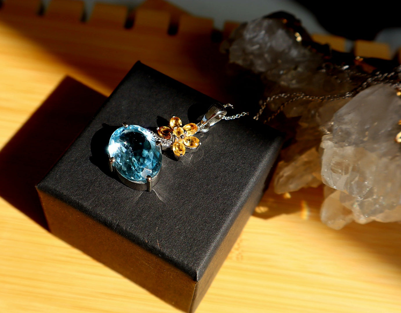 Genuine Blue Topaz & Citrine/ 925 flower necklace