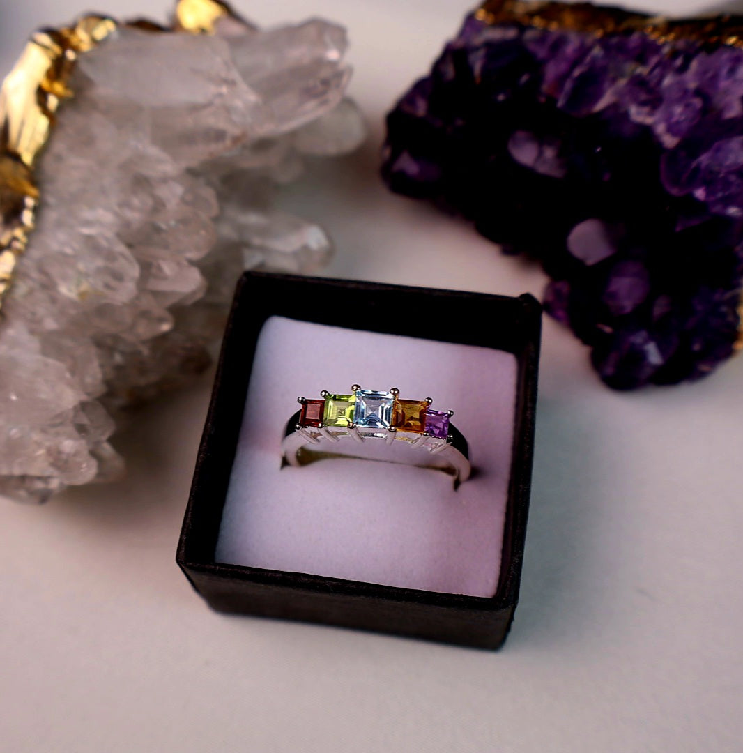 Genuine stones, Sterling Silver Step Ring Size 10