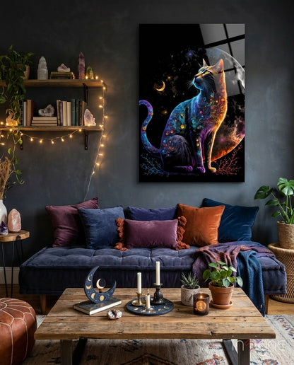 Moon Cat Glass Wall Art  || Designer Collection