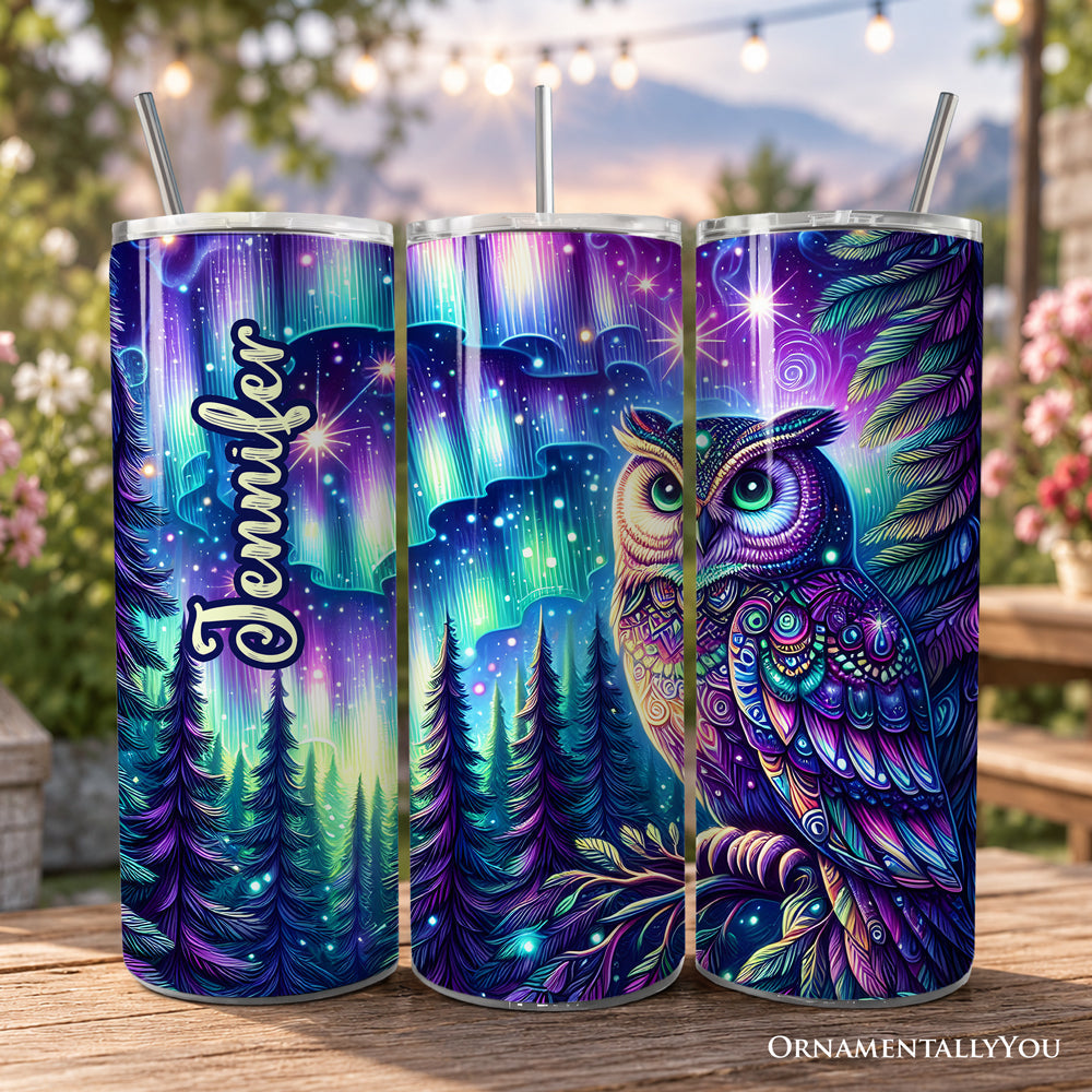 Northern Lights Aurora Owl 20oz Personalized Tumbler With Lid and Stainless Steel Straw, Magical Woodland Gift Cup