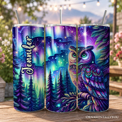 Northern Lights Aurora Owl 20oz Personalized Tumbler With Lid and Stainless Steel Straw, Magical Woodland Gift Cup
