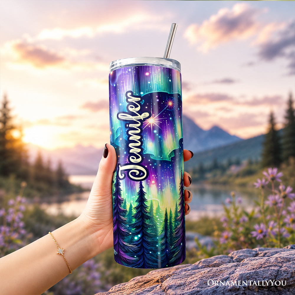 Northern Lights Aurora Owl 20oz Personalized Tumbler With Lid and Stainless Steel Straw, Magical Woodland Gift Cup