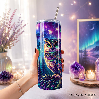 Northern Lights Aurora Owl 20oz Personalized Tumbler With Lid and Stainless Steel Straw, Magical Woodland Gift Cup