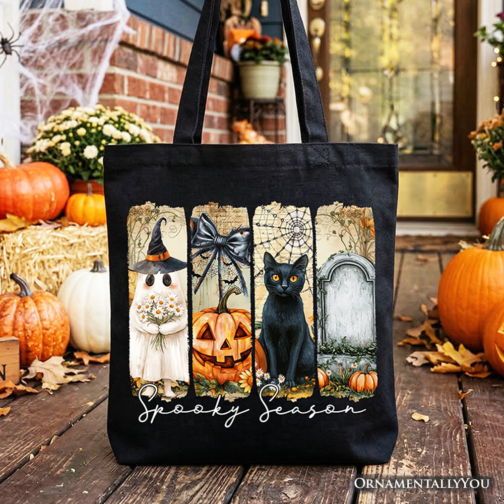 Fall Spooky Season Brushstroke Tote Bag, Coquette Vintage Ghost Cat and Pumpkin Gift Shopper