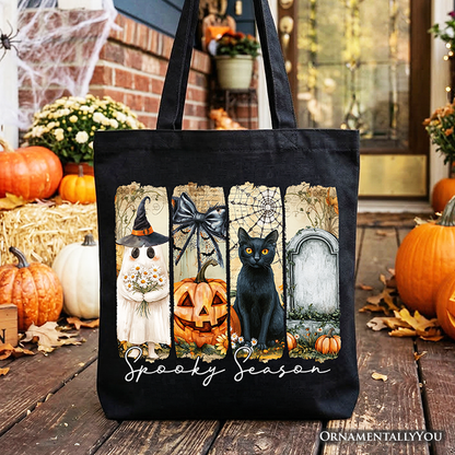 Fall Spooky Season Brushstroke Tote Bag, Coquette Vintage Ghost Cat and Pumpkin Gift Shopper