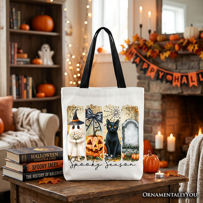 Fall Spooky Season Brushstroke Tote Bag, Coquette Vintage Ghost Cat and Pumpkin Gift Shopper