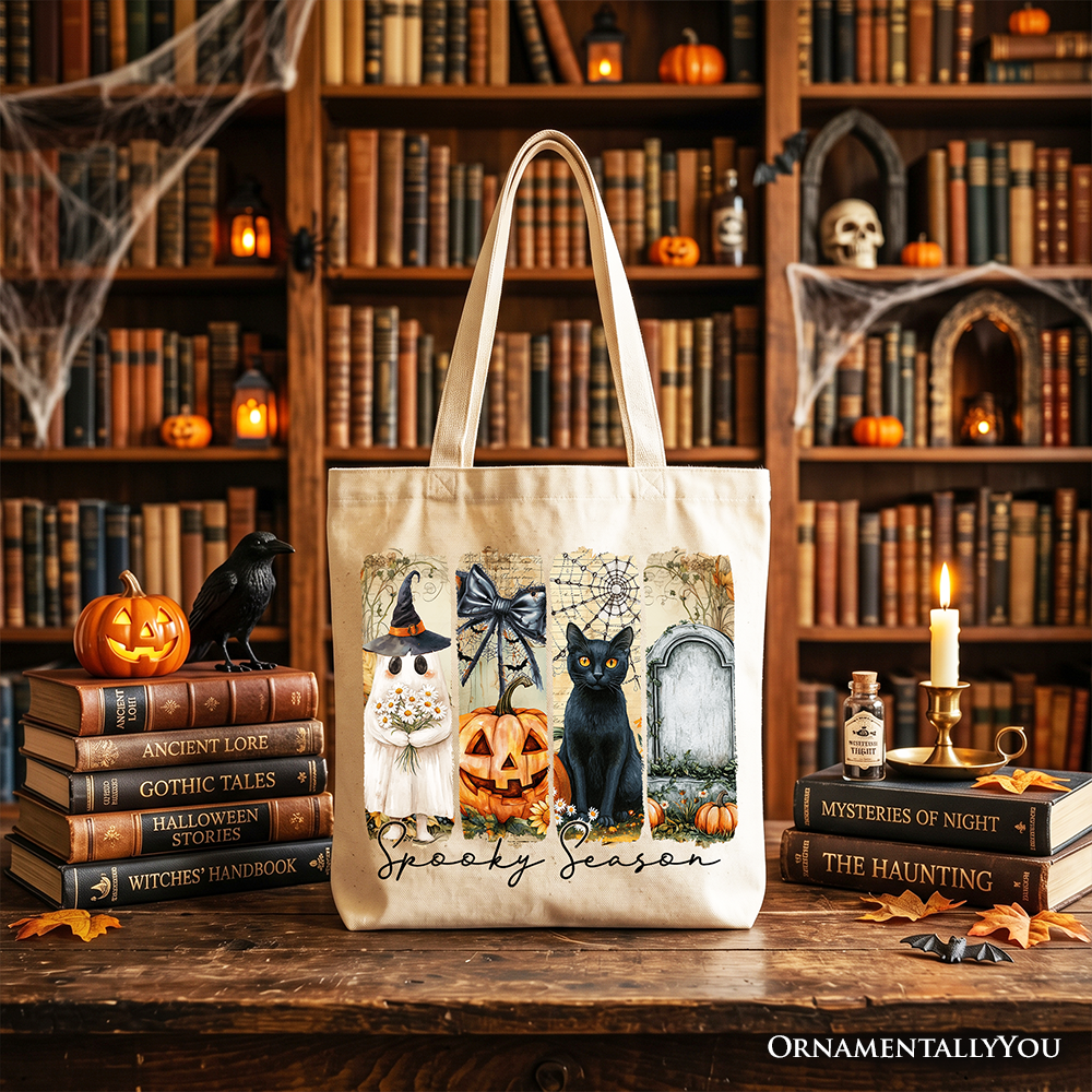 Fall Spooky Season Brushstroke Tote Bag, Coquette Vintage Ghost Cat and Pumpkin Gift Shopper