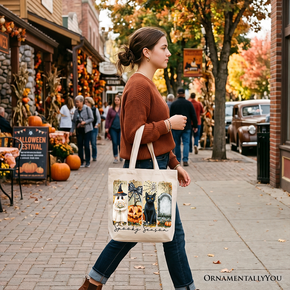 Fall Spooky Season Brushstroke Tote Bag, Coquette Vintage Ghost Cat and Pumpkin Gift Shopper