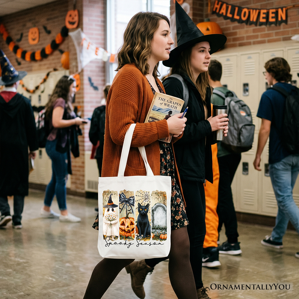 Fall Spooky Season Brushstroke Tote Bag, Coquette Vintage Ghost Cat and Pumpkin Gift Shopper