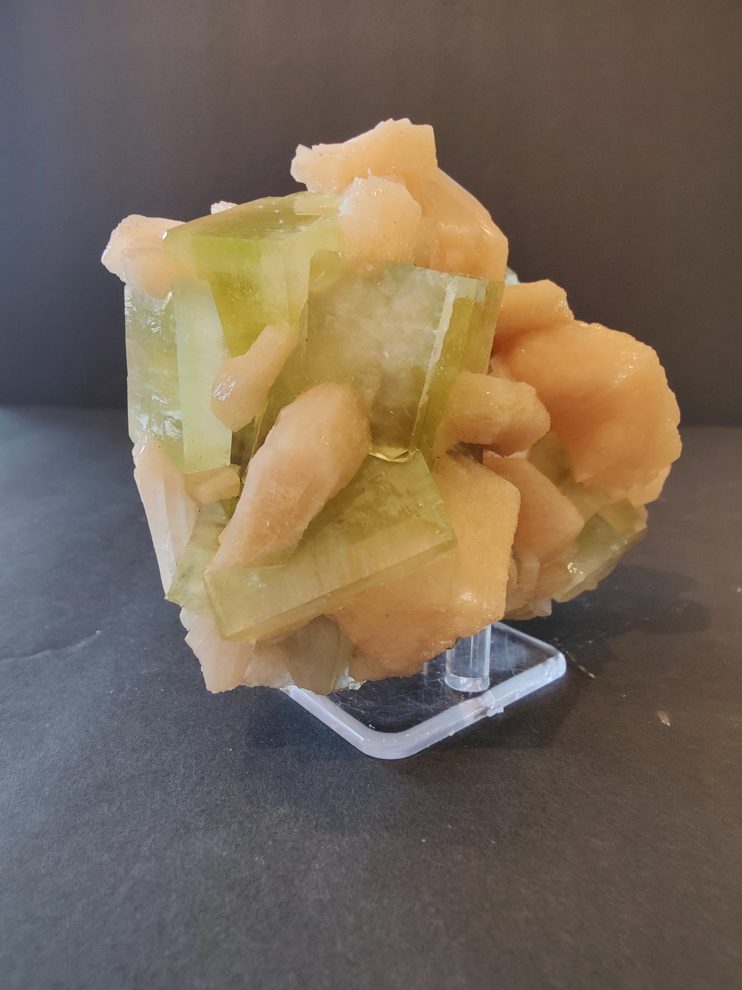 Green Apophyllite Cubes with Peach Stilbite Specimen 449g