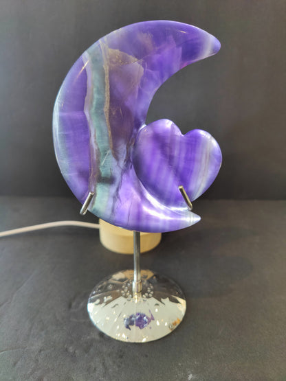 Purple Fluorite Half-Moon & Heart Sculpture on 5" Metal Stand