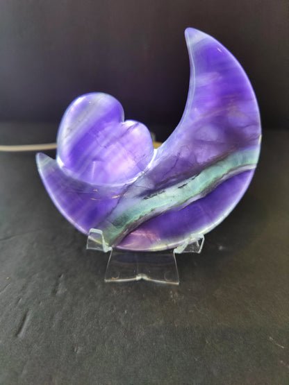Purple Fluorite Half-Moon & Heart Sculpture on 5" Metal Stand