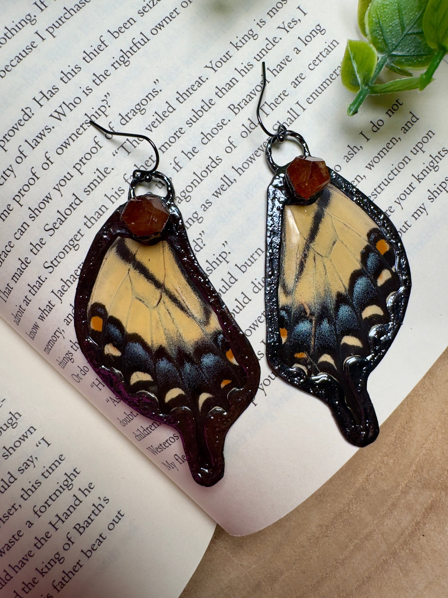 Butterfly Wing and Orange Garnet Earrings