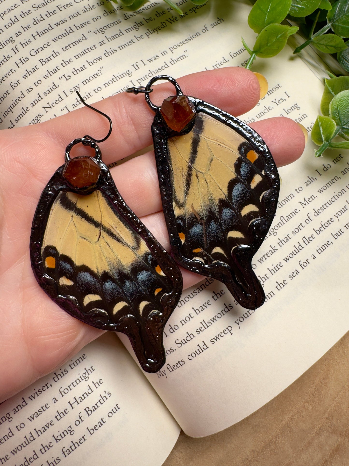 Butterfly Wing and Orange Garnet Earrings