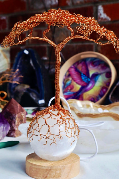 Copper Wire Tree of Life On Selenite Sphere