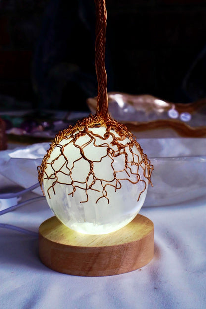 Copper Wire Tree of Life On Selenite Sphere
