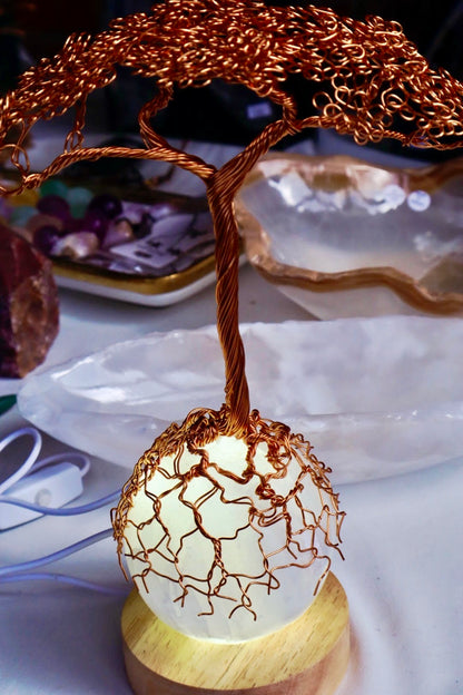 Copper Wire Tree of Life On Selenite Sphere