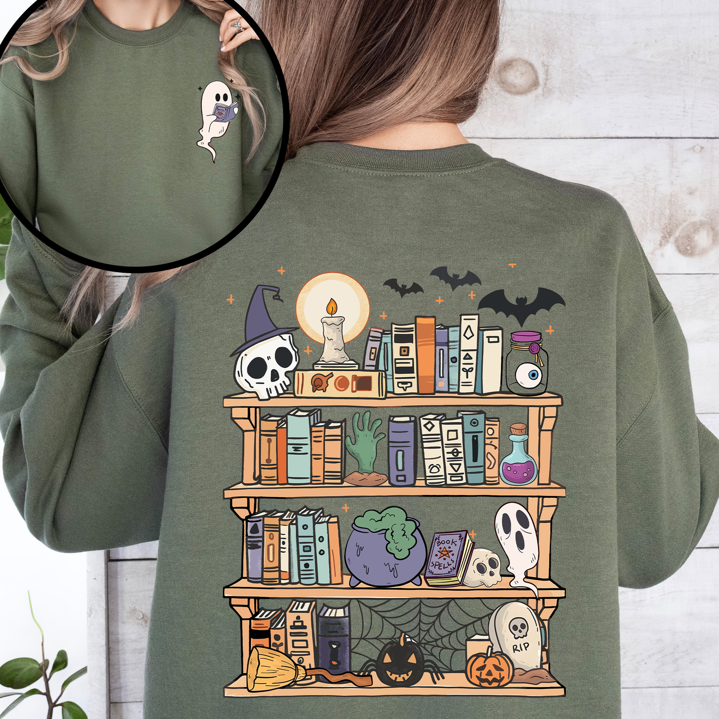 Reading Ghost Library Halloween Spooky Boo Front And Back Teacher Book Lover Sweatshirt