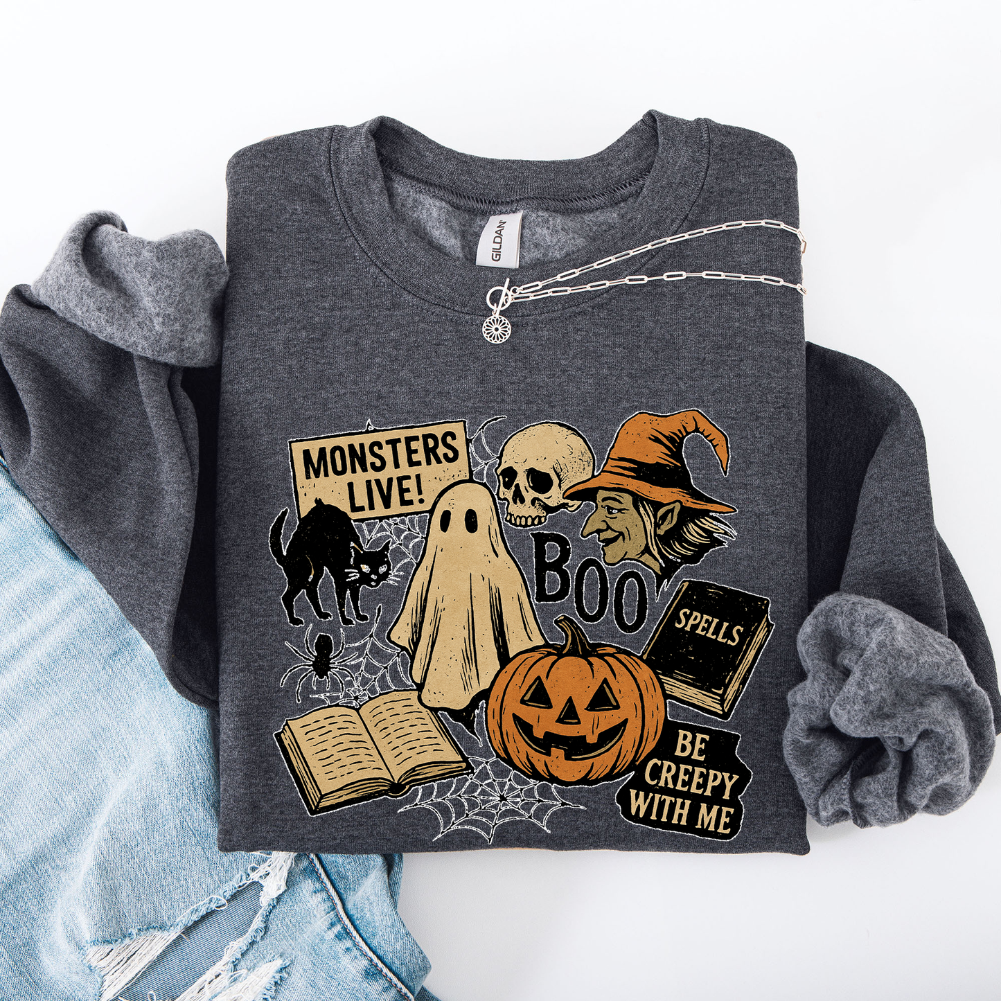 Retro Halloween Monsters Witch Creepy Vintage Nightfall Edition Classic Spooky Motifs And Nostalgic Sweatshirt