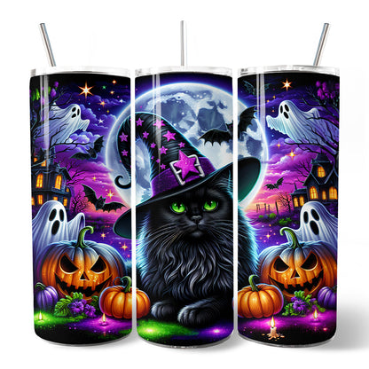 Black Cat Witch 20oz Personalized Tumbler With Lid and Stainless Steel Straw, Spooky Halloween Gift Cup