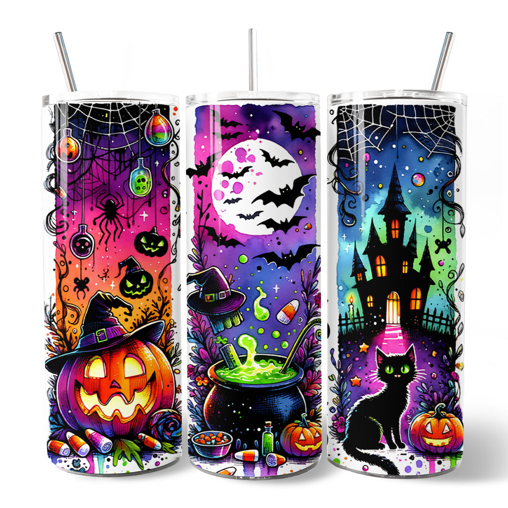 Neon Halloween Witch Scene 20oz Personalized Tumbler With Lid and Stainless Steel Straw, Colorful Spooky Gift Cup