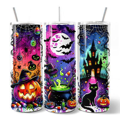 Neon Halloween Witch Scene 20oz Personalized Tumbler With Lid and Stainless Steel Straw, Colorful Spooky Gift Cup