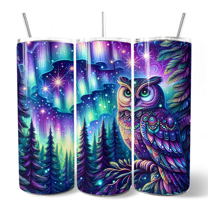 Northern Lights Aurora Owl 20oz Personalized Tumbler With Lid and Stainless Steel Straw, Magical Woodland Gift Cup