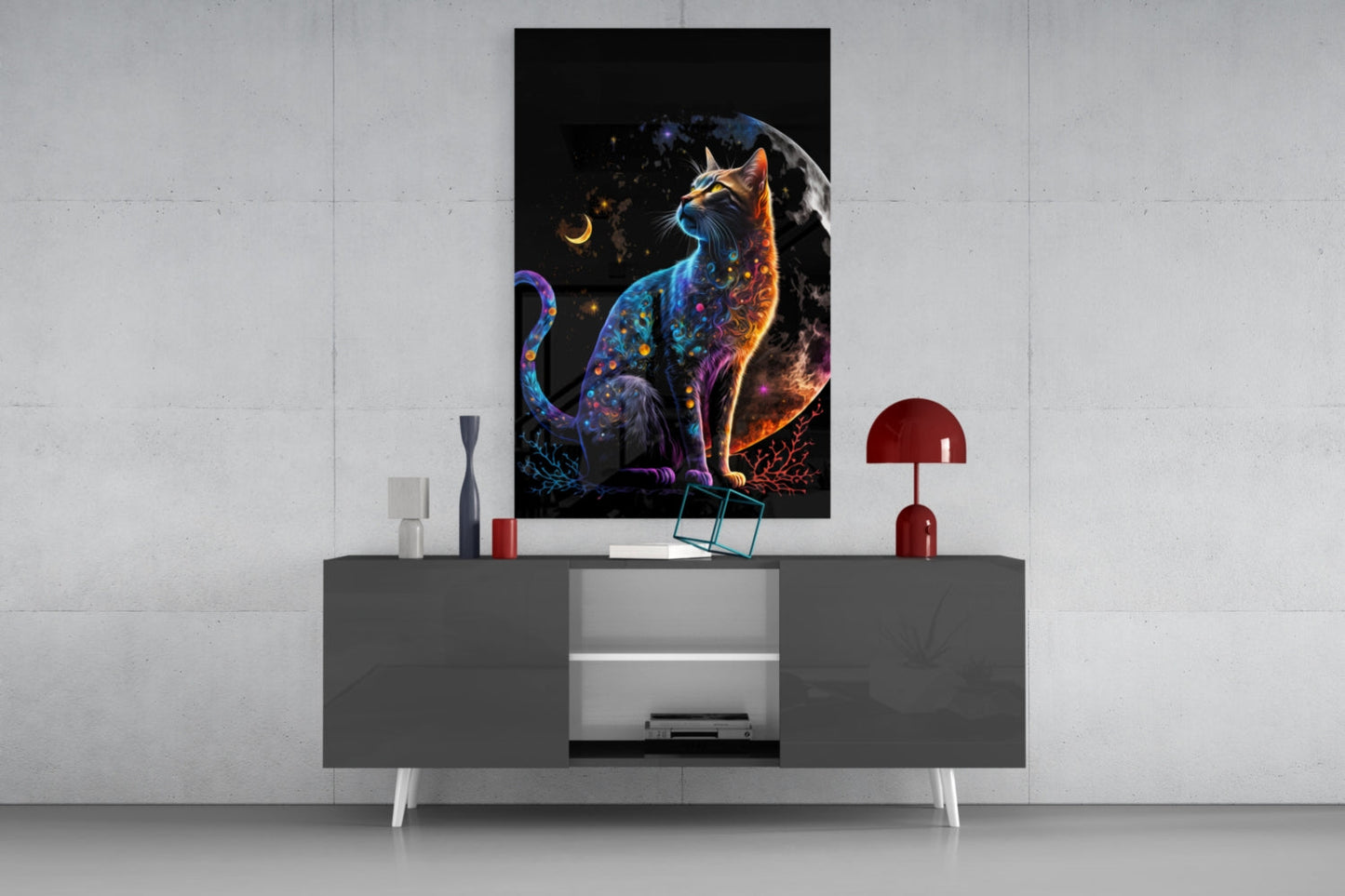 Moon Cat Glass Wall Art  || Designer Collection